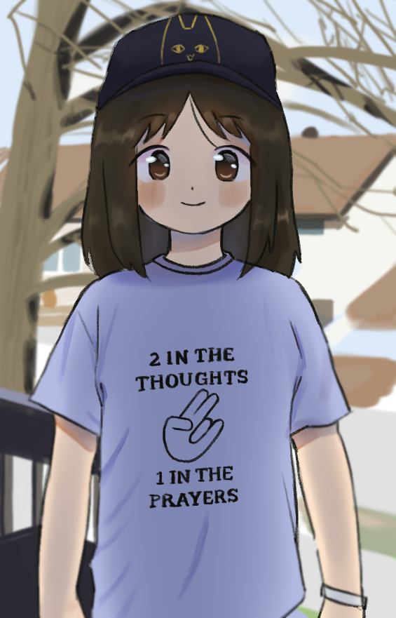 1girl, alternate_costume, azumanga_daioh, baseball_cap, black_headwear, blue_shirt, blush, brown_eyes, brown_hair, closed_mouth, clothes_writing, commentary, cyanide_(watagimimi), day, dot_nose, english_text, hat, house, kasuga_ayumu, long_hair, looking_at_viewer, outdoors, parted_bangs, shirt, short_sleeves, smile, solo, straight-on, symbol-only_commentary, t-shirt, tree, upper_body