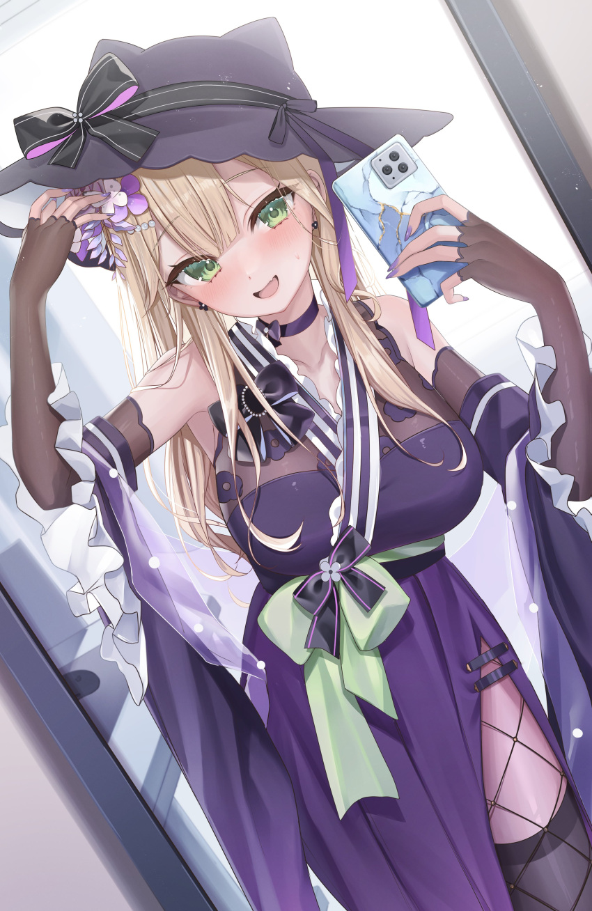 0707_una, 1girl, absurdres, bare_shoulders, blonde_hair, blush, breasts, choker