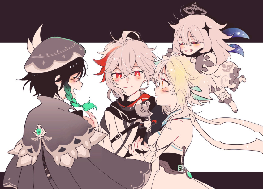 2boys, 2girls, beret, blush, boots, braid, breasts, cape