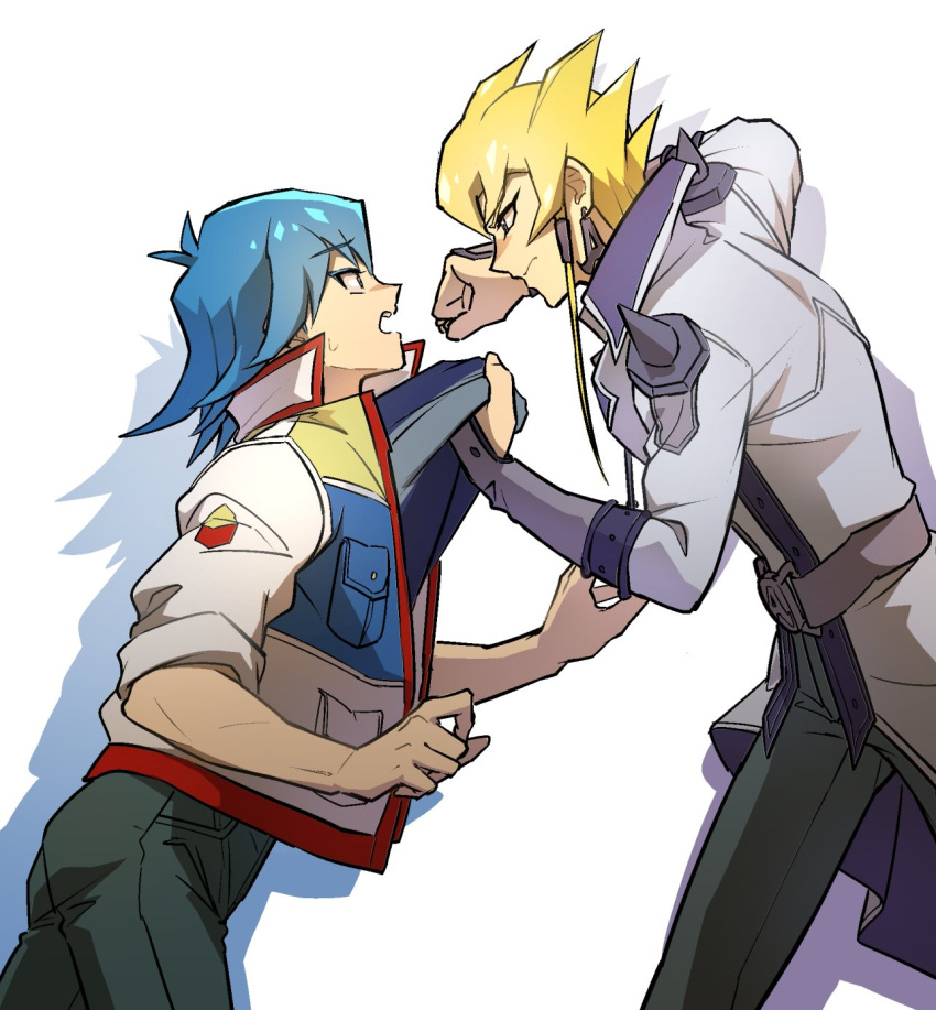 2boys, angry, belt, black_pants, blonde_hair, blue_hair, blue_shirt, bruno_(yu-gi-oh!)