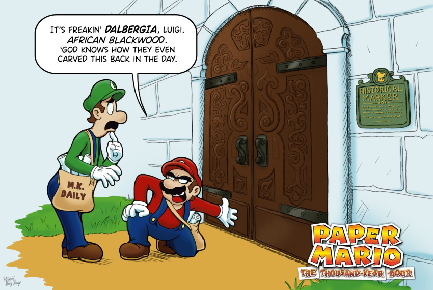 2boys, bag, blue_overalls, brothers, brown_footwear, brown_hair, comedy, facial_hair, flippindingdong, gloves, grass, green_headwear, highres, luigi, male_focus, mario, messenger_bag, multiple_boys, mustache, open_mouth, overalls, paper_mario, paper_mario:_the_thousand_year_door, plaque, red_headwear, shoulder_bag, siblings, standing, super_mario_bros., white_gloves, wooden_door