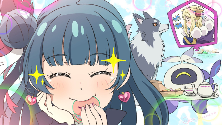 2girls, blonde_hair, blue_hair, blush, cape, closed_eyes, cup, demon_horns