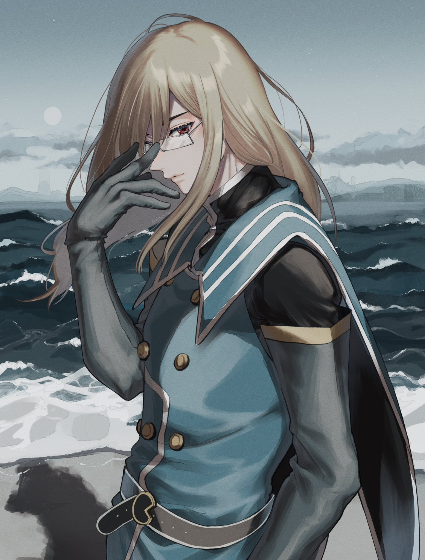 1boy, adjusting_eyewear, belt, birthday, blue_gloves, blue_jacket, brown_hair, buttons, closed_mouth, clouds, cloudy_sky, commentary_request, elbow_gloves, glasses, gloves, hand_up, high_collar, highres, jacket, jade_curtiss, long_hair, looking_at_viewer, male_focus, military_uniform, mitabichan, ocean, outdoors, red_eyes, sidelocks, sky, solo, swept_bangs, tales_of_(series), tales_of_the_abyss, uniform, upper_body