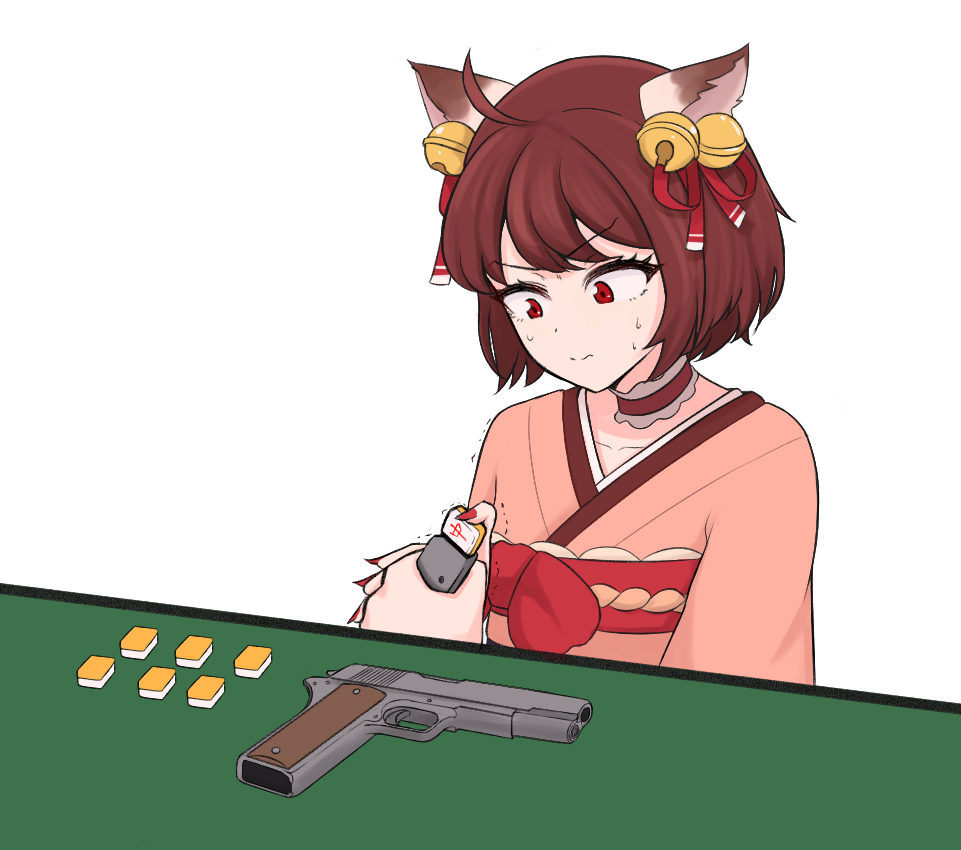 1girl, ahoge, animal_ears, bell, bow, brown_choker, brown_hair, cat_ears, cat_girl, choker, closed_mouth, commentary, fingernails, frilled_choker, frills, gun, hair_bell, hair_ornament, hair_ribbon, handgun, handiro, holding, holding_magazine_(weapon), holding_mahjong_tile, ichihime, japanese_clothes, jingle_bell, kimono, looking_down, m1911, magazine_(weapon), mahjong, mahjong_soul, mahjong_tile, medium_bangs, obi, pink_kimono, red_bow, red_eyes, red_nails, red_ribbon, red_sash, reloading, ribbon, sash, sharp_fingernails, short_hair, simple_background, solo, split_mouth, struggling, sweat, table, trembling, upper_body, v-shaped_eyebrows, weapon, white_background