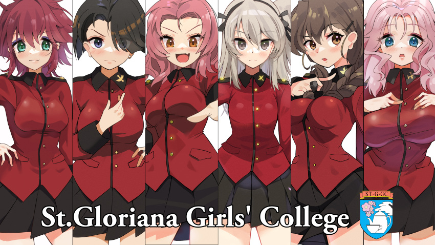 6+girls, absurdres, arm_behind_back, black_hair, black_ribbon, black_skirt, blaze_(blazeillust), blue_eyes