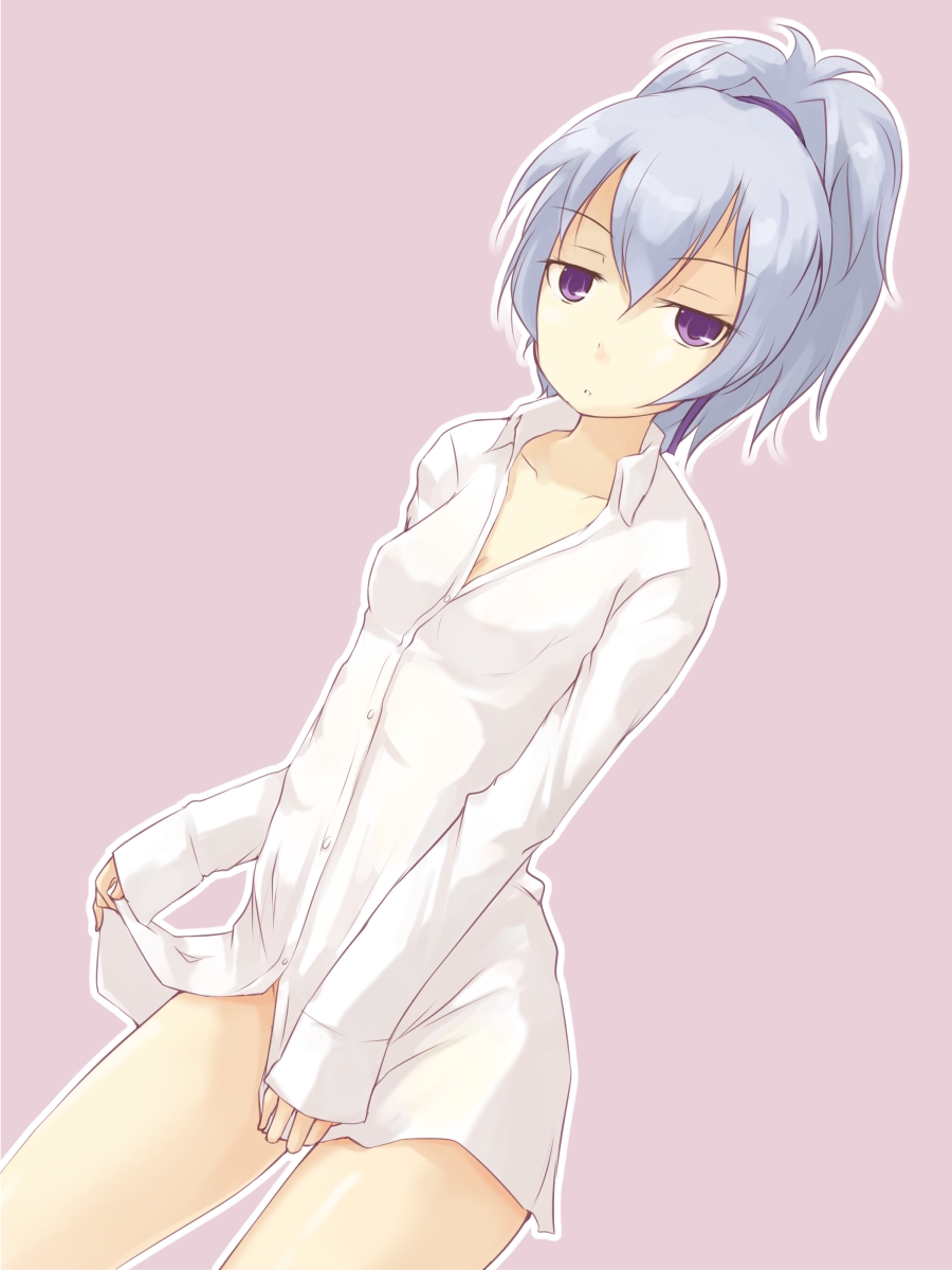 cleavage, darker_than_black, dutch_angle, hair_ribbon, highres, minitesu, no_panties, ponytail