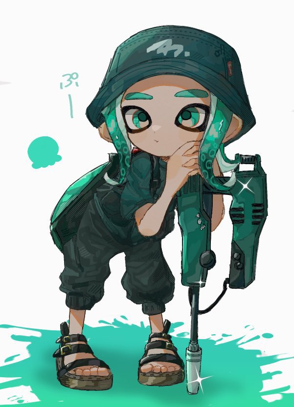 1boy, brown_footwear, commentary_request, dot_nose, glint, green_eyes, green_hair, green_headwear, gun, hat, holding, holding_gun, holding_weapon, hwtr_06, ink_tank_(splatoon), jet_squelcher_(splatoon), leaning_forward, medium_hair, octoling, octoling_boy, paint_splatter, pout, solo, splatoon_(series), strap, thick_eyebrows, weapon, white_background