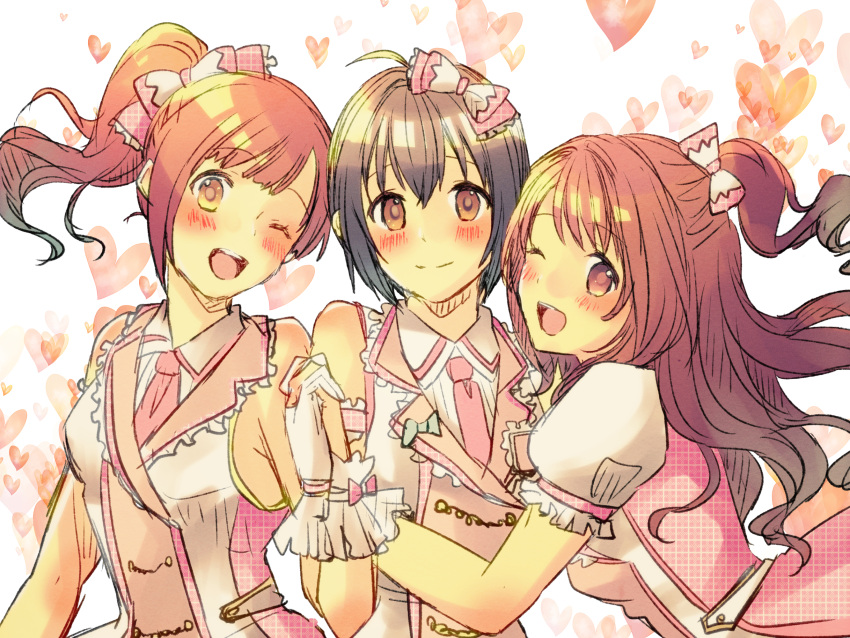 3girls, ahoge, black_hair, blush, bow, breasts, brown_hair, from_side