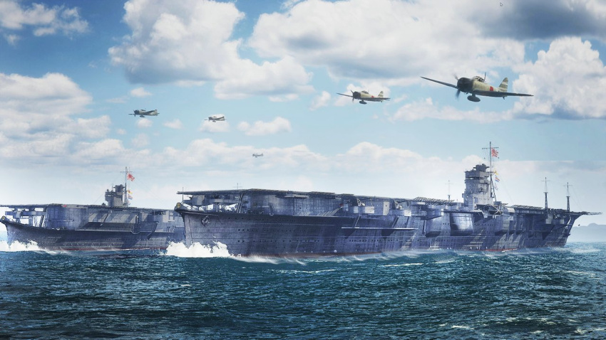 a6m_zero, aircraft, aircraft_carrier, anti-aircraft, anti-aircraft_gun, blue_sky, cannon, centerline_fuel_tank