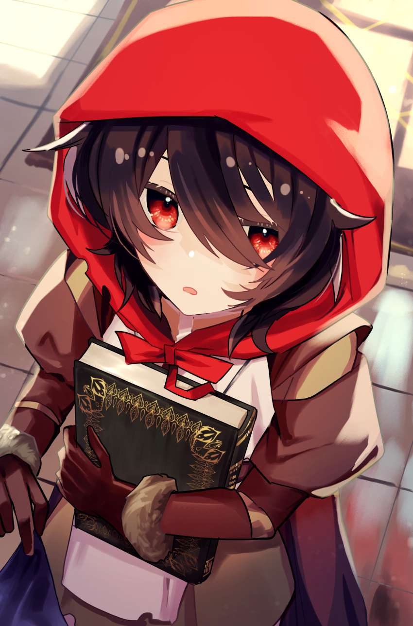 1girl, :o, absurdres, black_hair, book, book_hug, brown_coat, brown_dress