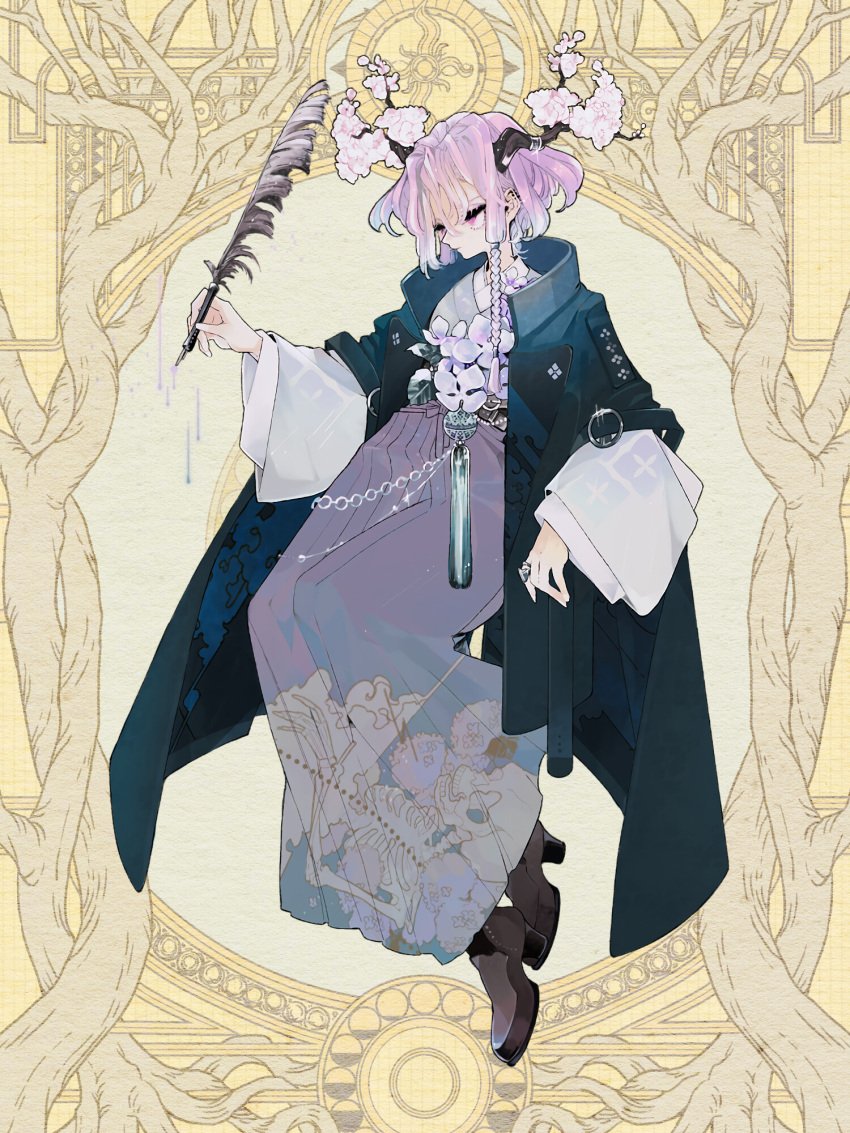 1girl, antlers, braid, brown_footwear, chain, chateau_francesca, dairoku_ryouhei, floral_print, flower, full_body, haruchico_(tw), highres, holding, holding_quill, japanese_clothes, jewelry, kimono, o-ring, pink_eyes, pink_hair, quill, ring, short_hair_with_long_locks, solo, unmoving_pattern, yellow_background