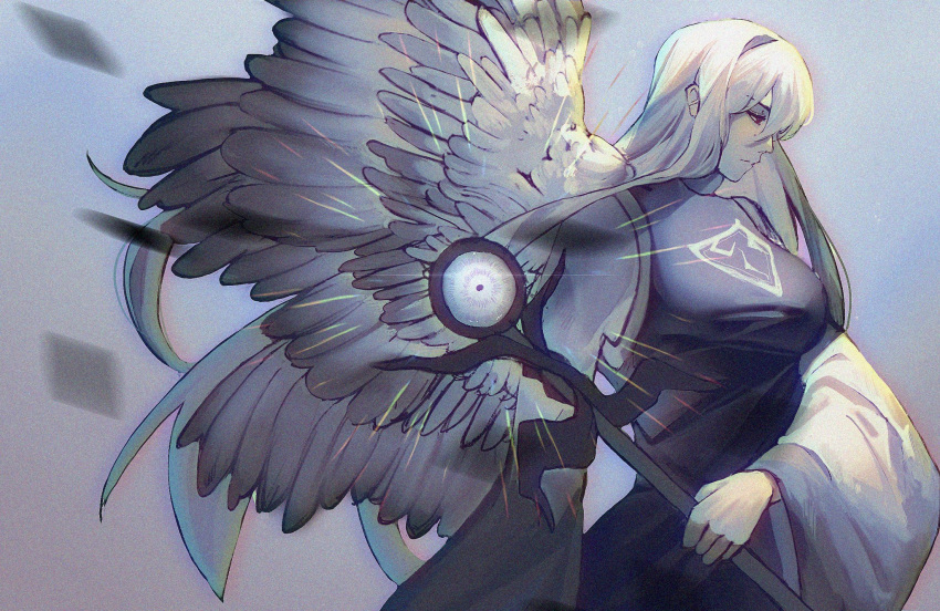 angel, angel_wings, blue_dress, dress, highres, holding, holding_scepter, long_hair