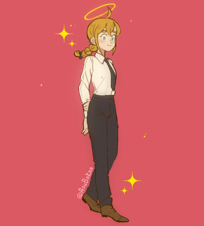 1girl, ahoge, all_saints_street, arms_behind_back, artist_name, asubakaa, black_necktie, black_pants