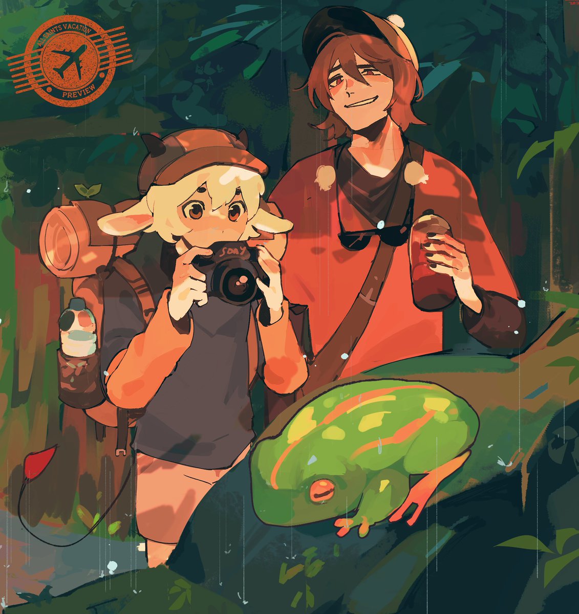 2boys, all_saints_street, animal_ears, backpack, bag, black_nails, bottle, brown_eyes, brown_hair, brown_shorts, cowboy_shot, demon_boy, demon_tail, frog, goat_ears, goat_horns, hat, highres, holding, holding_bottle, horns, ira_blood, lapstle, layered_sleeves, long_sleeves, multiple_boys, neil_bowman, outdoors, parted_lips, rain, red_eyes, red_shirt, red_tail, shirt, short_over_long_sleeves, short_sleeves, shorts, smile, sunglasses, tail, tree, white_hair