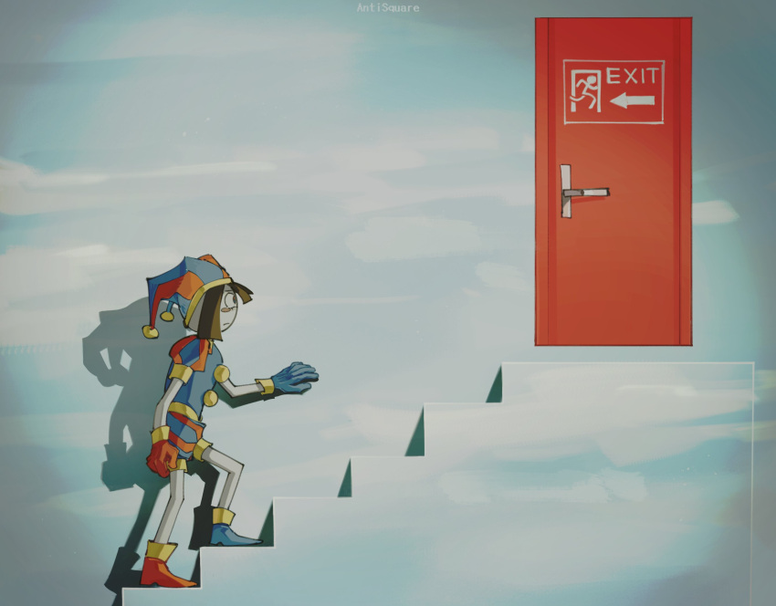 1girl, anti_square, artist_name, asymmetrical_gloves, blue_footwear, blue_gloves, blue_headwear, blue_sky
