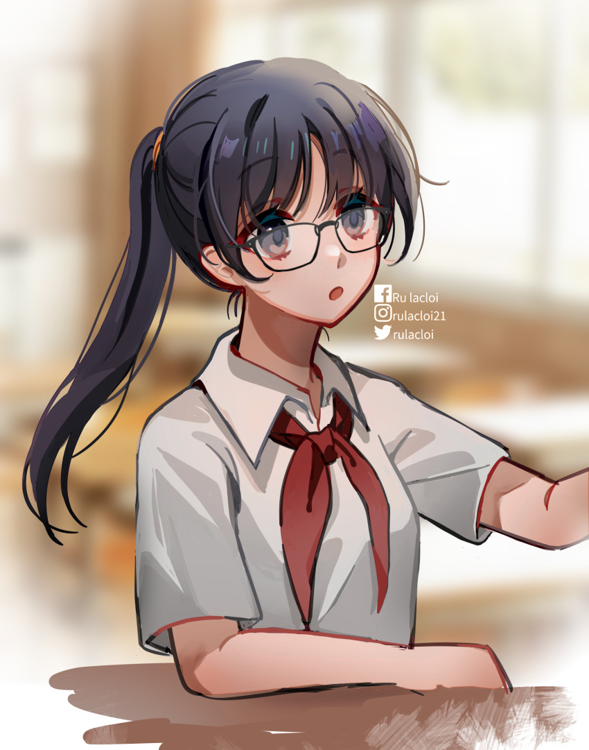 1girl, black_eyes, black_hair, blurry, blurry_background, breasts, classroom, collared_shirt, commentary, glasses, highres, indoors, looking_to_the_side, medium_breasts, neck_ribbon, open_mouth, original, ponytail, red_ribbon, ribbon, rulacloi, school_uniform, shirt, short_sleeves, solo, symbol-only_commentary, table, twitter_username, upper_body, vietnam, white_shirt