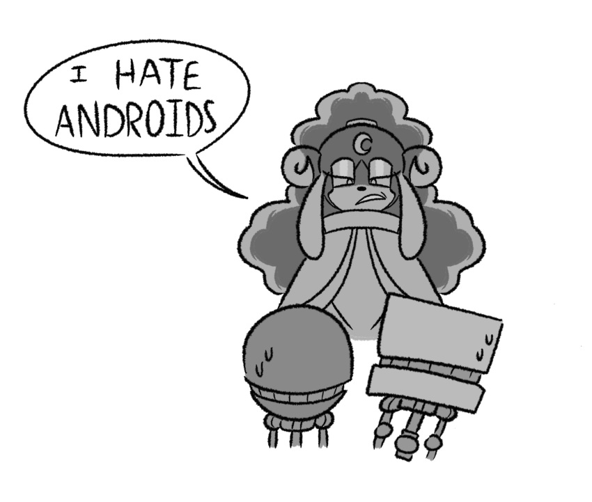 1girl, 2boys, angry, annoyed, ariem_(sonic), brutus_(huhermm), collared_robe, crescent, crescent_facial_mark, cubot, curly_hair, facial_mark, forehead_mark, frown, greyscale, half-closed_eyes, highres, horns, long_hair, monochrome, multiple_boys, orbot, pun, robe, scared, sheep_girl, sheep_horns, sonic_(series), sonic_dream_team, sweatdrop, very_long_ears
