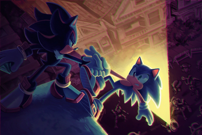 2boys, arm_grab, chaos_emerald, furry, furry_male, gem, gloves, green_eyes, gun_beetle_(sonic), gun_hunter_(sonic), highres, holding, holding_gem, looking_at_another, male_focus, multiple_boys, natalie_haines, outdoors, searchlight, shadow_the_hedgehog, sonic_(series), sonic_adventure_2, sonic_the_hedgehog, standing, white_fur, white_gloves