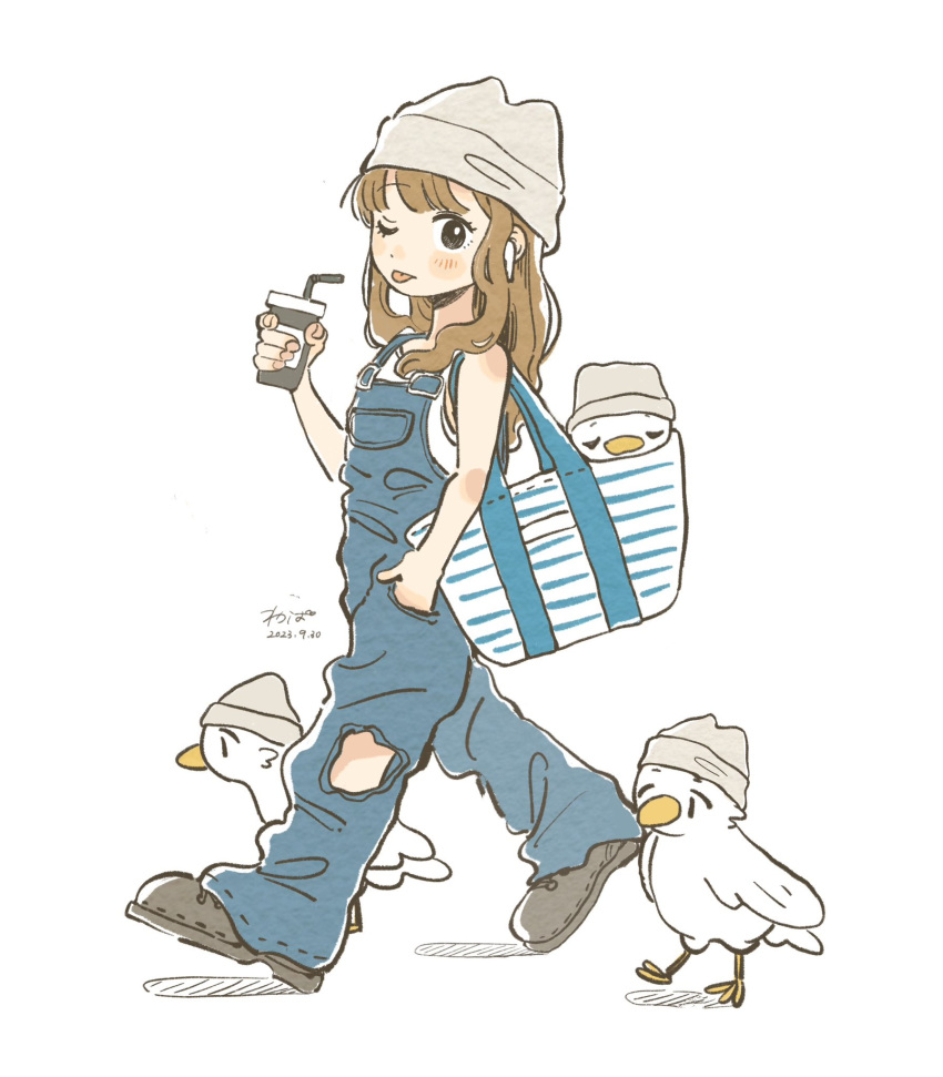 1girl, ;p, bag, beanie, bird, black_eyes, blue_overalls, brown_hair