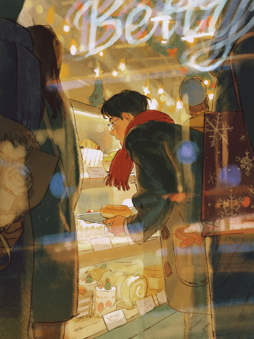 1boy, absurdres, bag, bakery, black_hair, blurry, bokeh, bouquet, bread, brown_hair, cake, chengongzi123, christmas, christmas_tree, coat, commentary, crowd, depth_of_field, display_case, doughnut, english_commentary, food, from_outside, from_side, glasses, hat, highres, holding, holding_tray, kogure_kiminobu, leaning_forward, long_hair, long_sleeves, looking_ahead, night, open_mouth, pastry, red_scarf, scarf, shop, shopping_bag, short_hair, slam_dunk_(series), solo_focus, standing, strawberry_cake, tray, winter_clothes, winter_coat