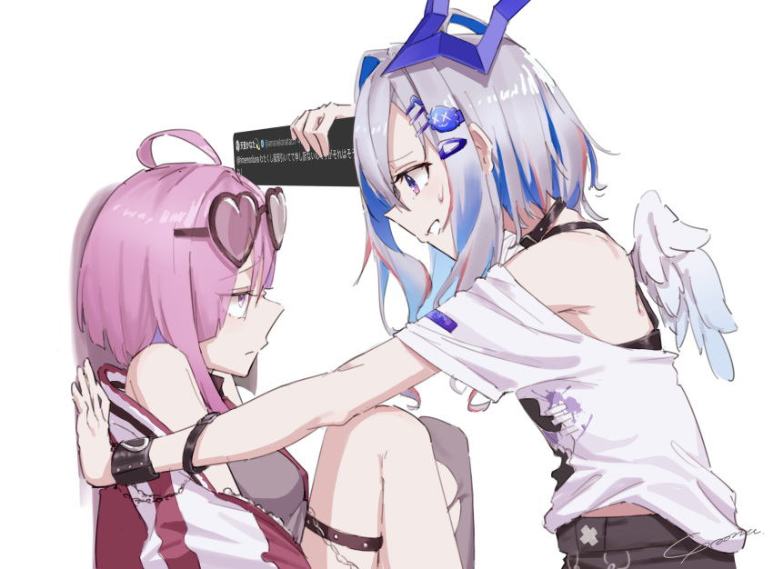 2girls, absurdres, amane_kanata, amane_kanata_(6th_costume), angel, angel_wings, black_pants, blue_hair