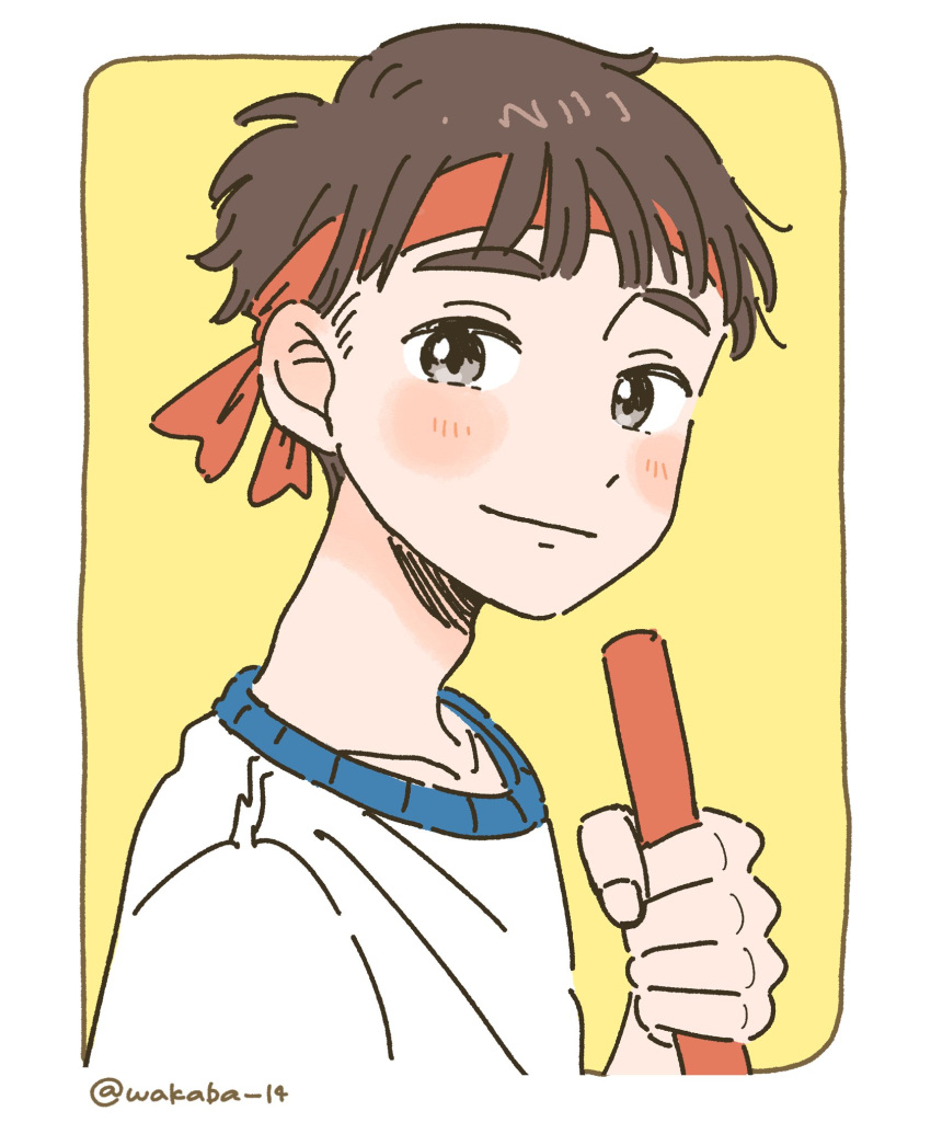 1boy, border, brown_eyes, brown_hair, closed_mouth, headband, highres, light_blush