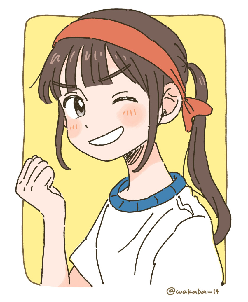 1girl, border, brown_eyes, brown_hair, clenched_hand, grin, headband, highres