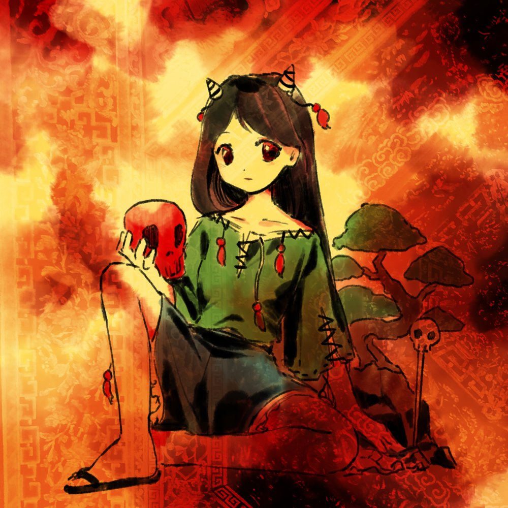 1girl, black_hair, blue_shorts, closed_mouth, dolls_in_pseudo_paradise, flip-flops, full_body, green_shirt