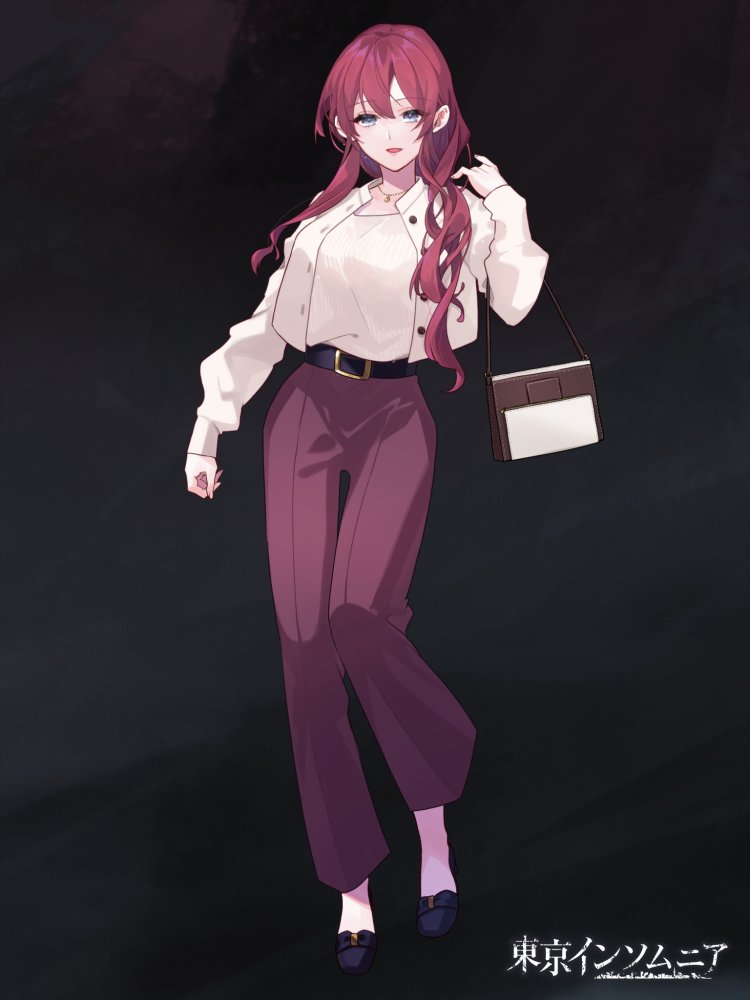 1girl, :d, alpaca_connect, bag, belt, belt_buckle, black_background, black_belt