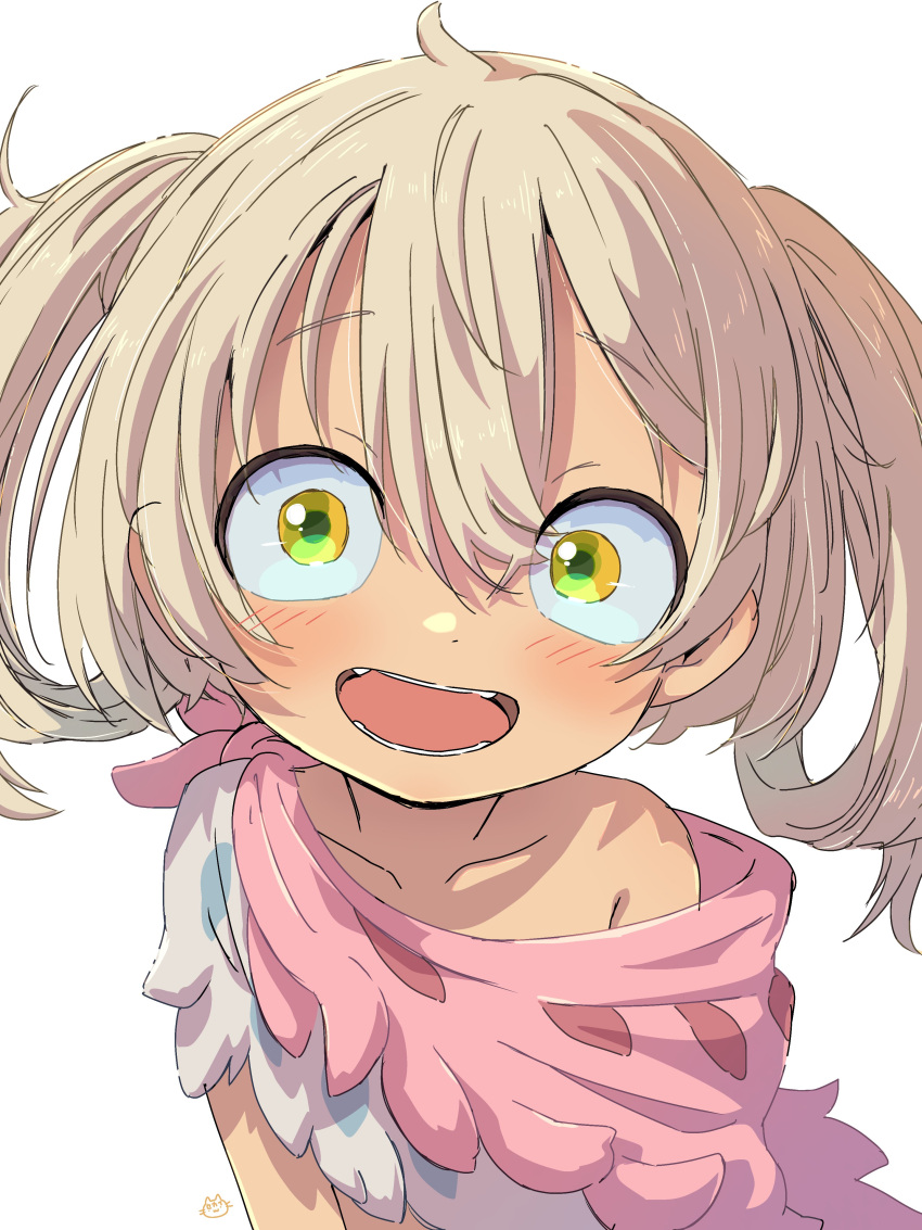 1girl, :d, absurdres, ahoge, blonde_hair, child, collarbone, dot_nose, fang, from_above, green_eyes, hair_between_eyes, happy, highres, irumyuui, looking_at_viewer, made_in_abyss, open_mouth, rags, sanpaku, sekaineko_001, single_bare_shoulder, smile, solo, upper_body, white_background