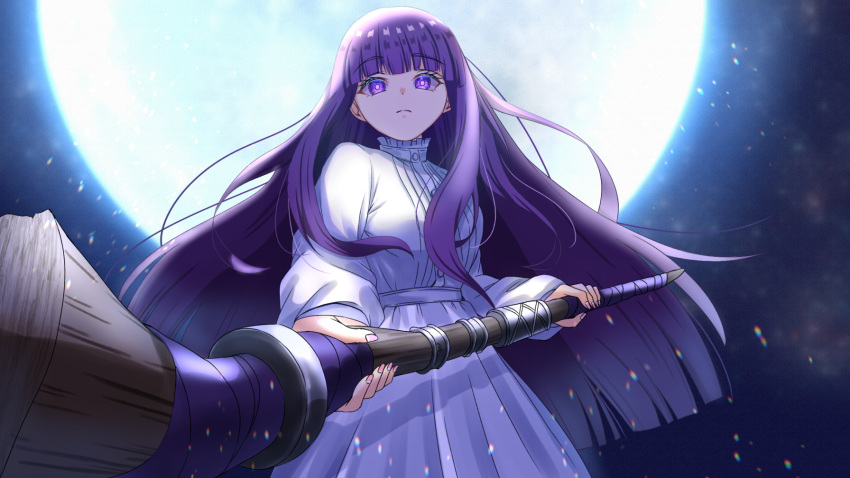 1girl, blunt_bangs, breasts, bright_pupils, closed_mouth, dress, facing_viewer, fern_(sousou_no_frieren)
