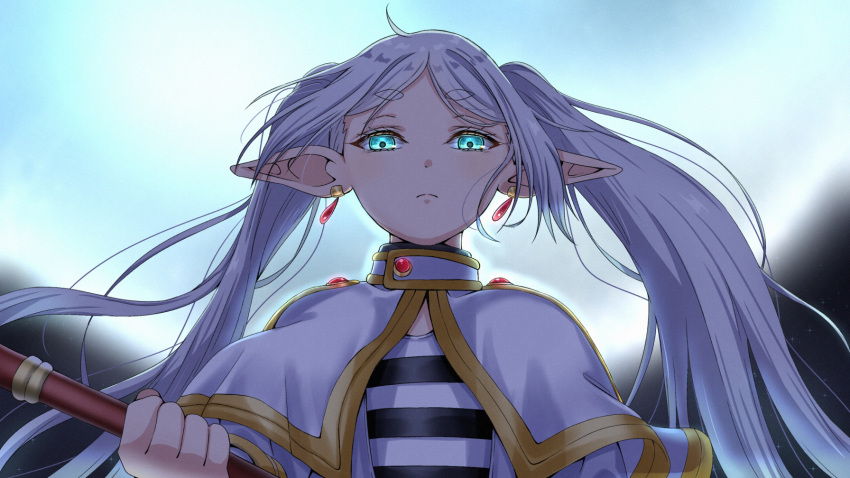 1girl, aqua_eyes, blush, capelet, closed_mouth, commentary, dress, earrings