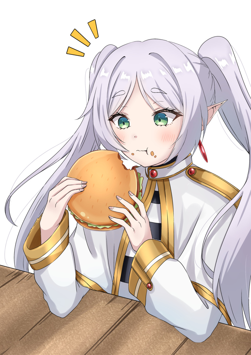 1girl, blush, burger, capelet, commentary, dress, earrings, eating