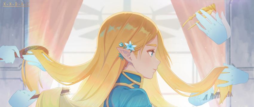 1girl, absurdres, artist_name, blue_eyes, brushing_another's_hair, brushing_hair, closed_mouth, comb