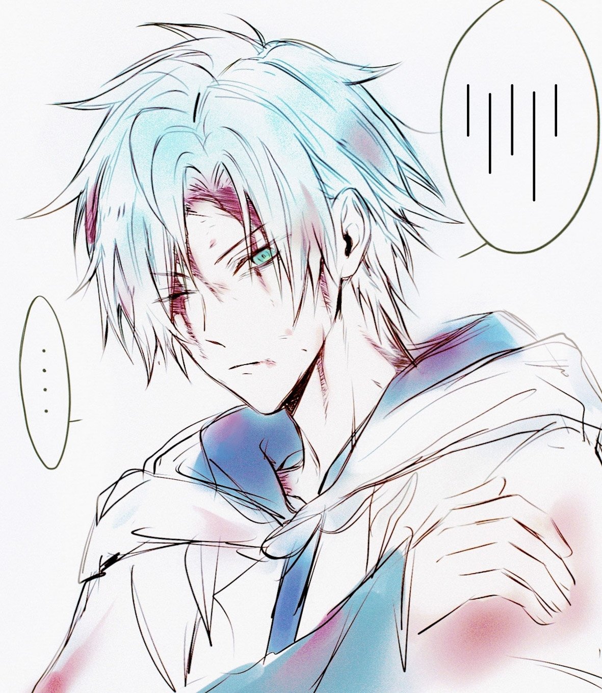 ..., 1boy, blood, blood_on_clothes, blood_on_face, blue_hair, close-up, closed_mouth