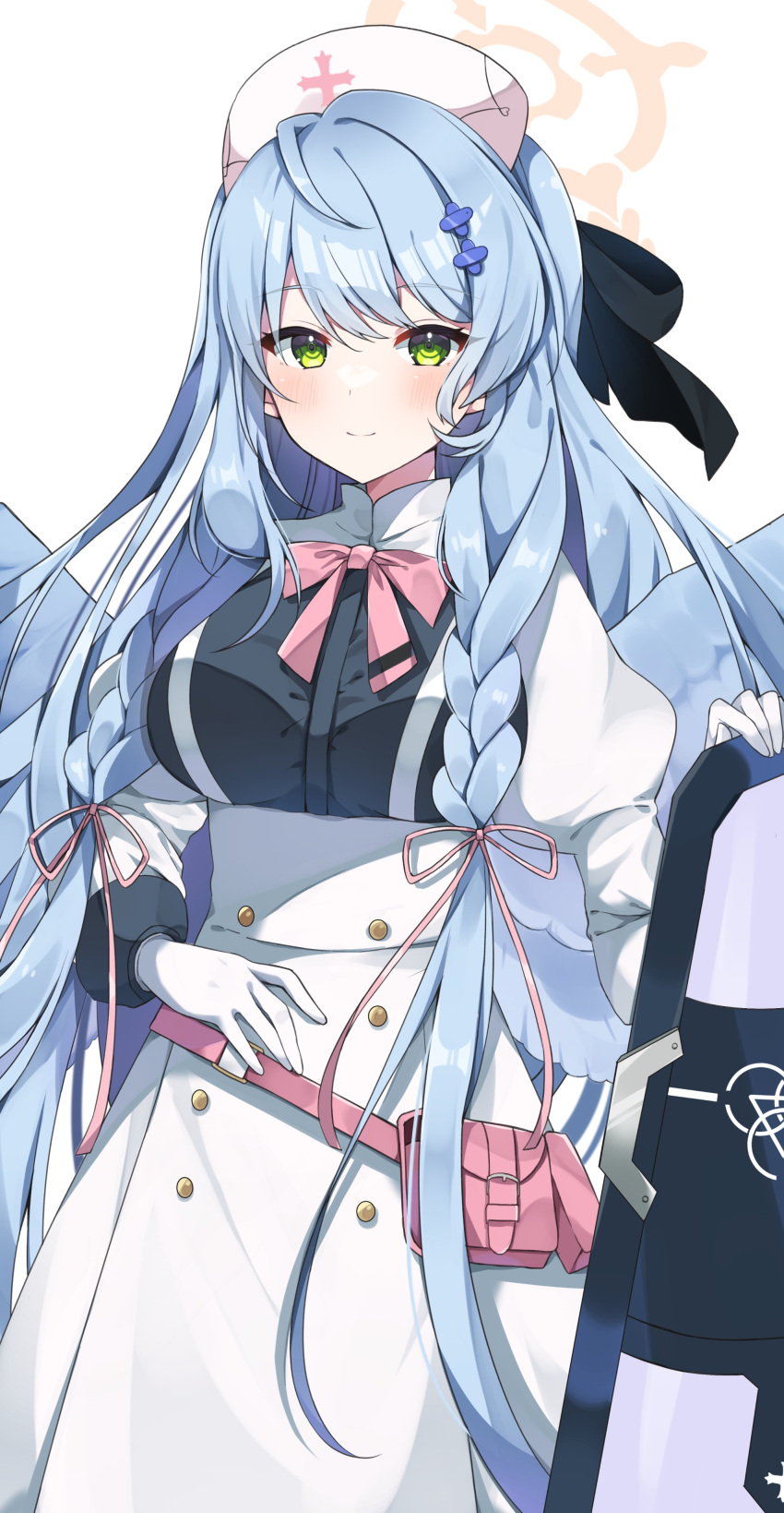 1girl, absurdres, angel_wings, belt_pouch, blue_archive, blue_hair, braid, dress