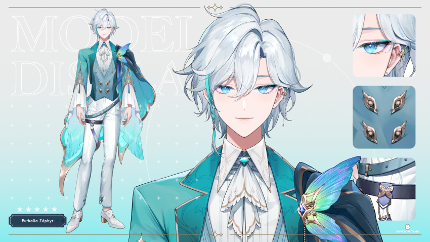 1boy, aqua_background, aqua_gemstone, aqua_hair, aqua_jacket, ascot, belt, black_cape