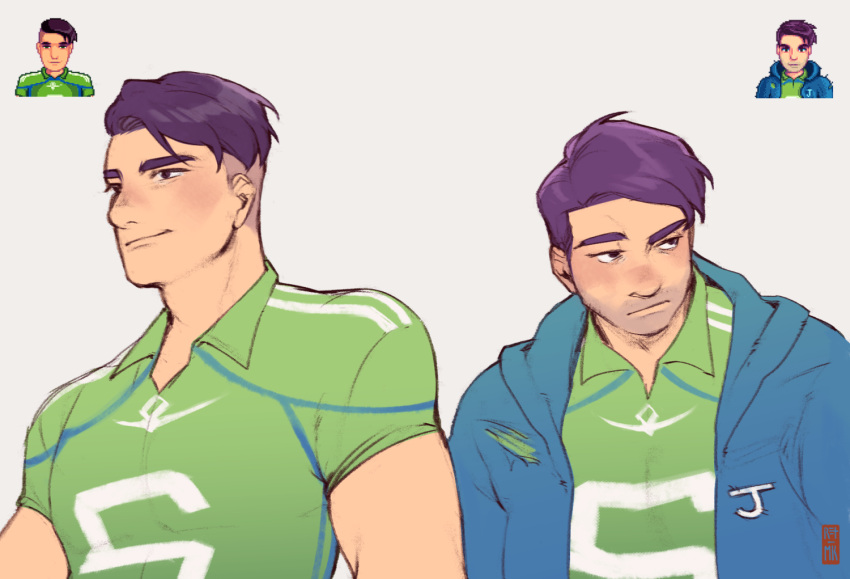 1boy, beard_stubble, black_eyes, blue_jacket, closed_mouth, facial_hair, green_shirt, jacket, light_smile, male_focus, mk/ret, multiple_views, open_clothes, open_jacket, prototype_design, purple_hair, raised_eyebrows, shane_(stardew_valley), shirt, short_hair, sprite, stardew_valley, stubble, toned, toned_male, torn_clothes, torn_jacket, undercut, upper_body, white_background