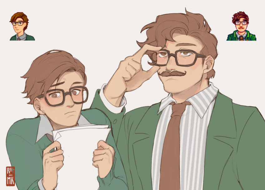1boy, adjusting_eyewear, blazer, brown_eyes, brown_hair, facial_hair, glasses, green_jacket