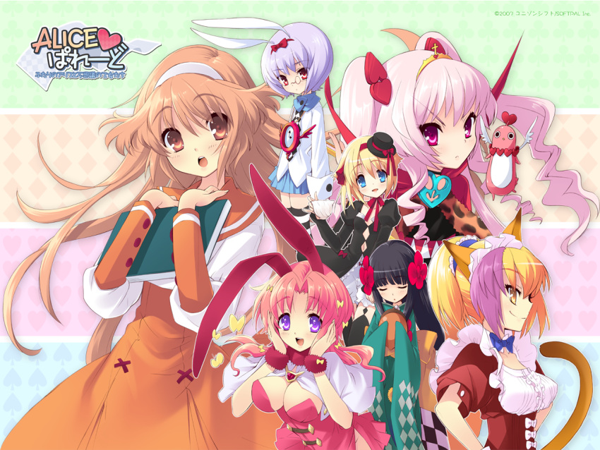 animal_ears, blonde_hair, blue_eyes, brown_eyes, brown_hair, bunny_ears, bunny_girl, emudori