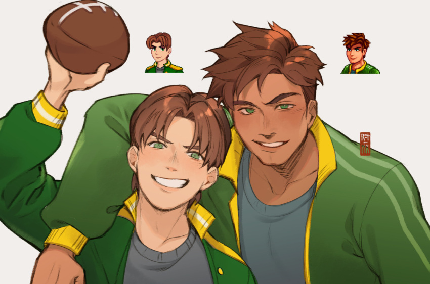 1boy, alex_(stardew_valley), arm_around_neck, ball, brown_hair, cleft_chin, dark-skinned_male, dark_skin