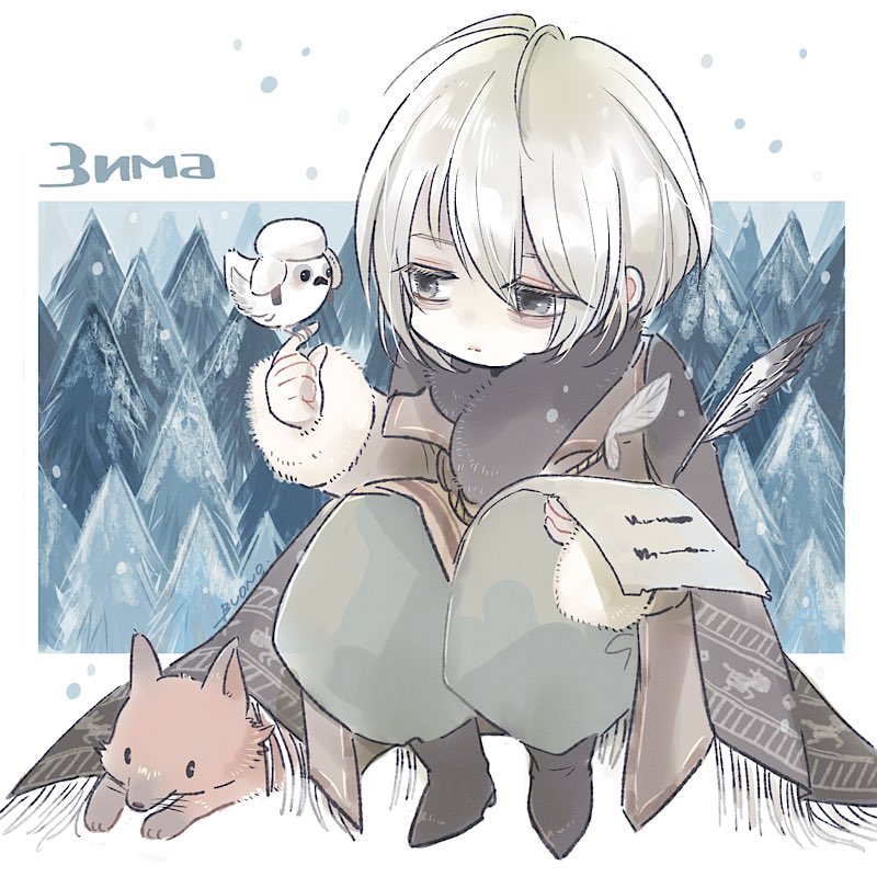 1boy, bird, bird_on_hand, black_scarf, blue_background, boono, boots, brown_coat