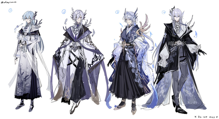 1boy, anklet, aruna_shuun, black_cape, black_coat, black_gloves, black_hakama, black_pants
