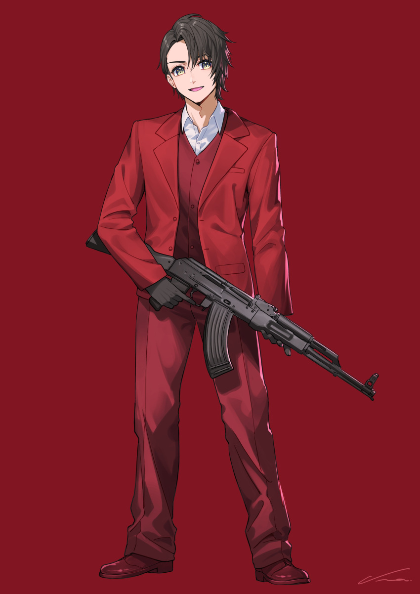1boy, absurdres, akm, assault_rifle, black_gloves, blazer, brown_eyes, brown_hair, collared_shirt, dot_nose, full_body, gloves, go_tsukishima, gun, highres, holding, holding_gun, holding_weapon, invisible_floor, jacket, kalashnikov_rifle, looking_at_viewer, nemoto_yuuma, nijisanji, open_mouth, pants, red_footwear, red_pants, red_suit, red_vest, rifle, shirt, short_hair, simple_background, smile, solo, standing, suit, tongue, vest, weapon, white_shirt