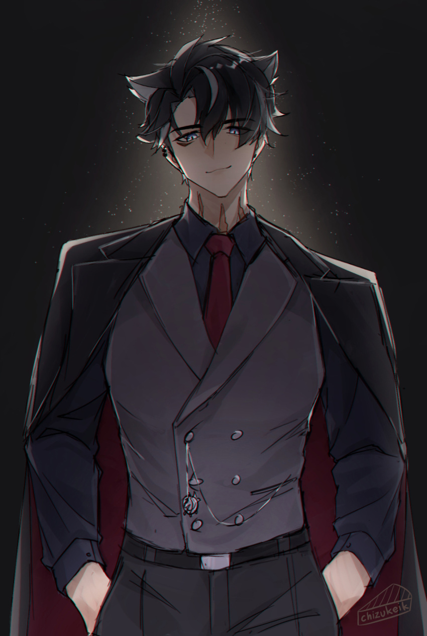 1boy, artist_name, black_background, black_coat, black_hair, black_pants, black_shirt, blue_eyes