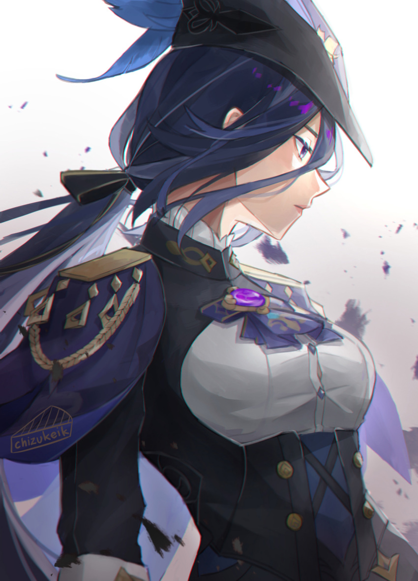 1girl, aiguillette, artist_name, black_corset, black_headwear, black_ribbon, blue_hair, bow