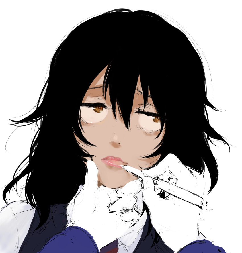 1girl, andou_(girls_und_panzer), applying_makeup, averting_eyes, black_hair, black_vest, brown_eyes, closed_mouth, commentary_request, constricted_pupils, dark-skinned_female, dark_skin, furrowed_brow, girls_und_panzer, hand_on_another's_chin, head_tilt, highres, holding, holding_brush, light_frown, long_hair, long_sleeves, makeup_brush, messy_hair, partially_colored, payama, pink_lips, portrait, pov, pov_hands, raised_eyebrows, sanpaku, shirt, simple_background, solo_focus, unfinished, vest, white_shirt