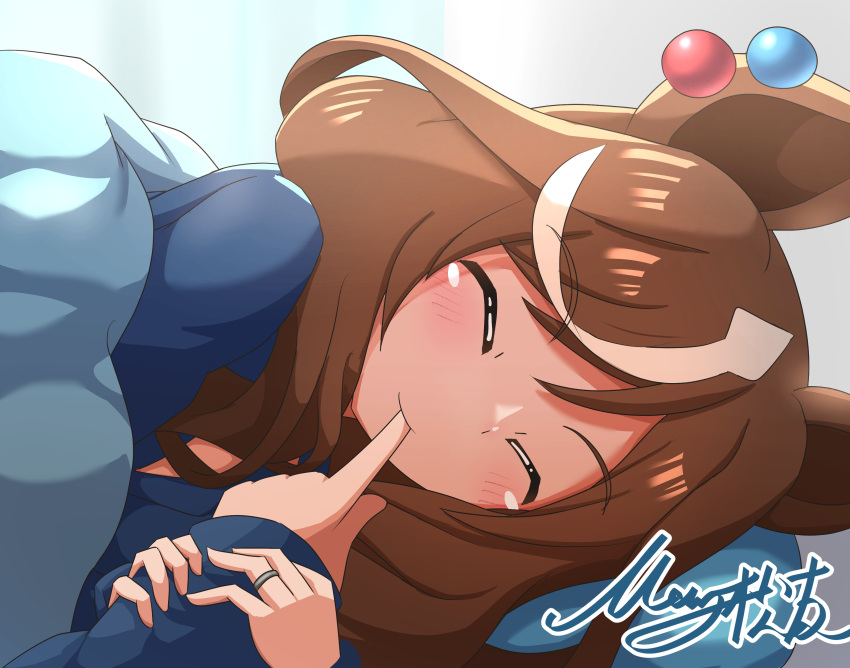 1girl, absurdres, alternate_costume, animal_ears, bed, blush, closed_eyes, commentary_request, finger_sucking, highres, horse_ears, horse_girl, matikane_tannhauser_(umamusume), matty_(matsutomo), open_mouth, pajamas, pillow, pov, signature, simple_background, solo_focus, umamusume, white_background