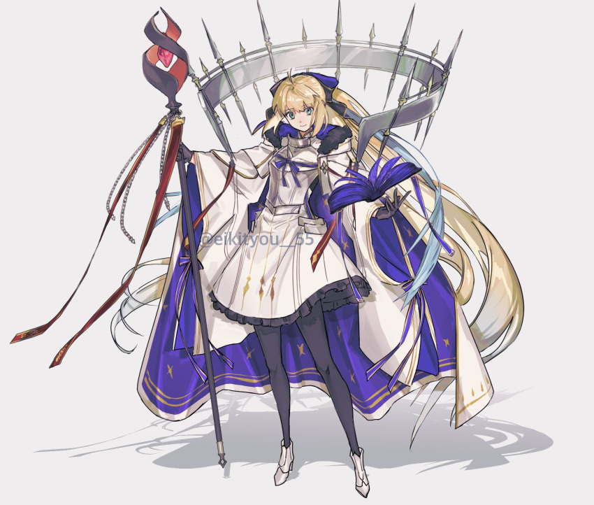 1girl, ahoge, armor, armored_dress, black_bow, black_fur, black_gloves, black_pantyhose, blonde_hair, blue_eyes, blue_hair, blue_ribbon, book, boots, bow, cloak, closed_mouth, dress, eiki_(eikityou_55), fate/grand_order, fate_(series), full_body, fur_trim, gloves, hair_bow, highres, holding, holding_staff, long_hair, looking_at_viewer, pantyhose, red_ribbon, ribbon, shadow, smile, staff, standing, tonelico_(fate), tonelico_(second_ascension)_(fate), very_long_hair, white_background, white_cloak, white_dress, white_footwear