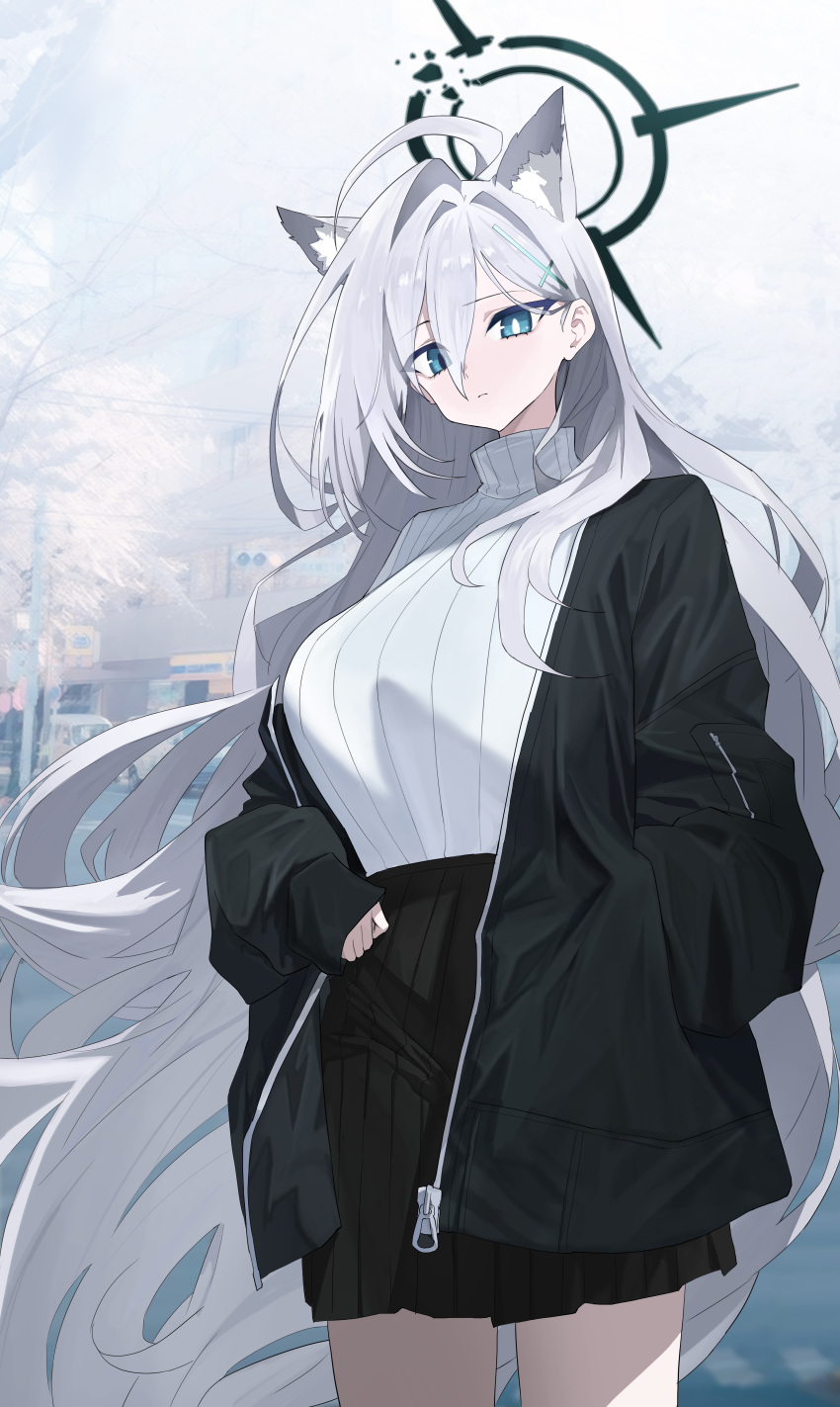 1-5iro, 1girl, absurdres, ahoge, alternate_costume, animal_ear_fluff, animal_ears, black_jacket, black_skirt, blue_archive, blue_eyes, breasts, car, closed_mouth, cowboy_shot, cross_hair_ornament, dark_halo, grey_hair, hair_ornament, halo, highres, jacket, large_breasts, long_hair, mismatched_pupils, motor_vehicle, open_clothes, open_jacket, pleated_skirt, ribbed_sweater, shiroko_(blue_archive), shiroko_terror_(blue_archive), skirt, solo, sweater, turtleneck, turtleneck_sweater, white_sweater, wolf_ears
